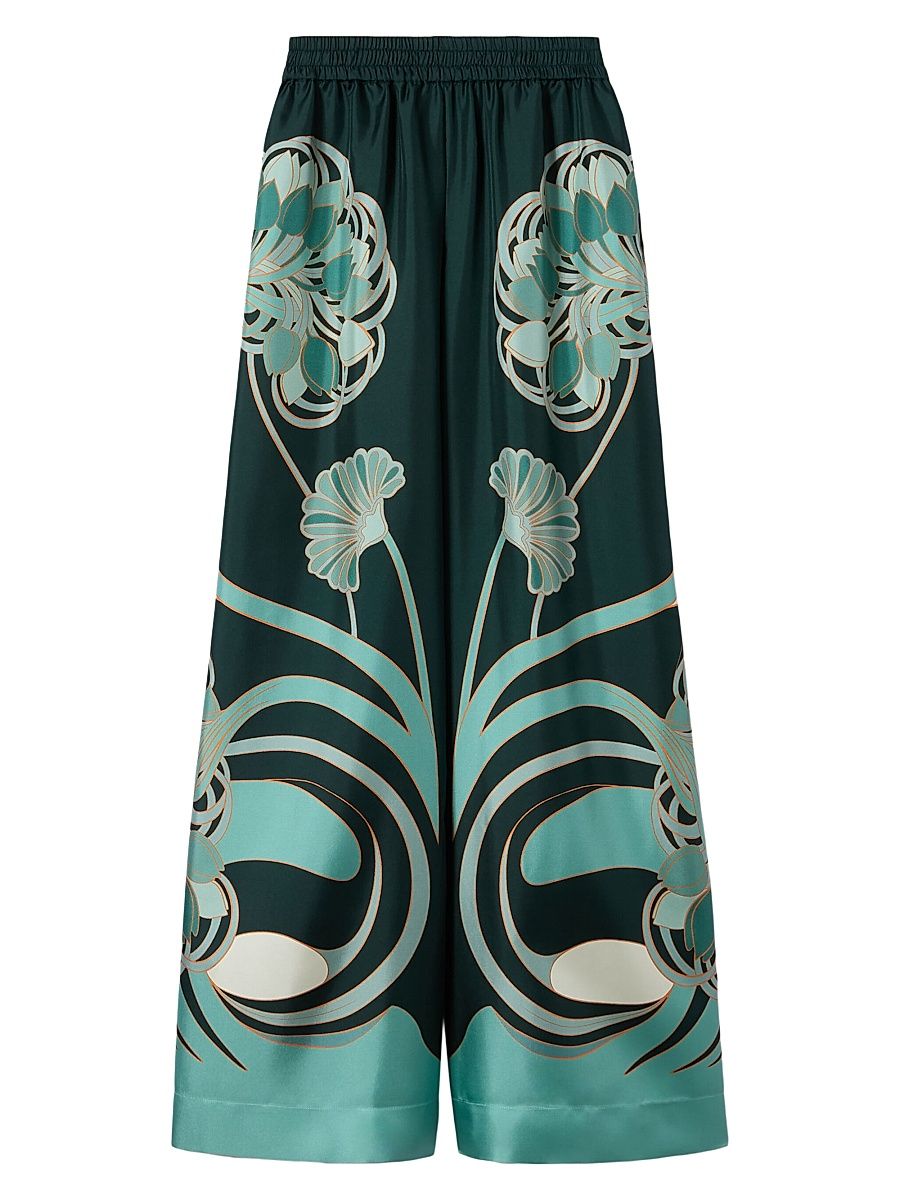 Women's Palazzo Pants - Blooming Tulip Dark Green - Size XS