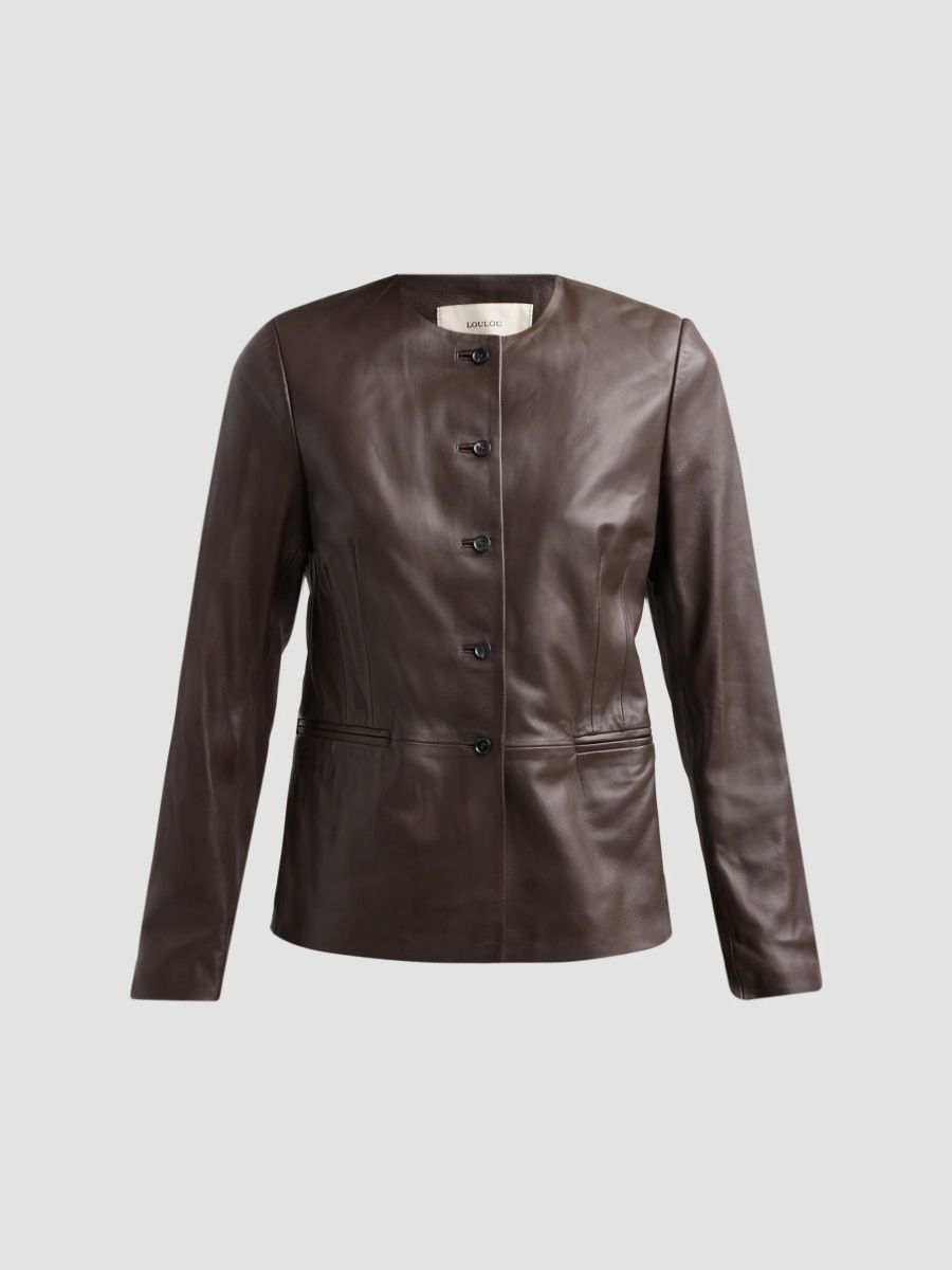 Loulou de Saison Women's Adea Collarless Leather Jacket - Coffee - Size 8