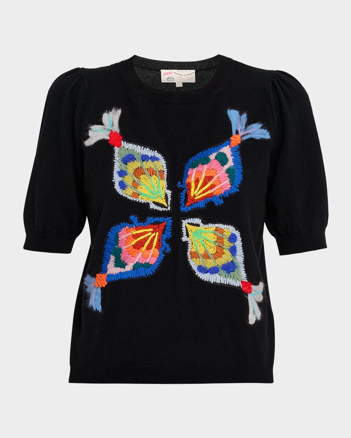 Embroidered Wool-Cashmere Short-Sleeve Sweater