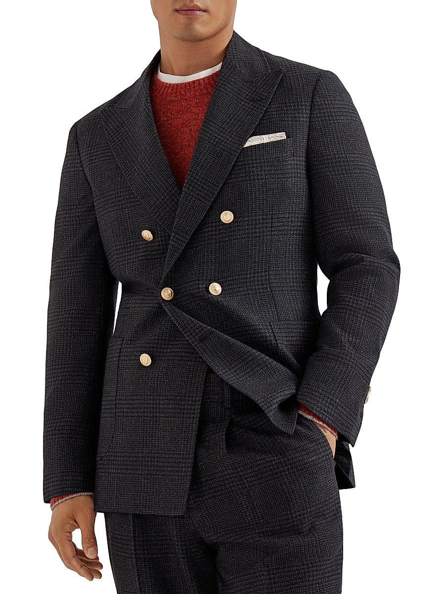 Men's Prince Of Wales One and a Half Breasted Deconstructed Blazer - Anthracite - Size 46