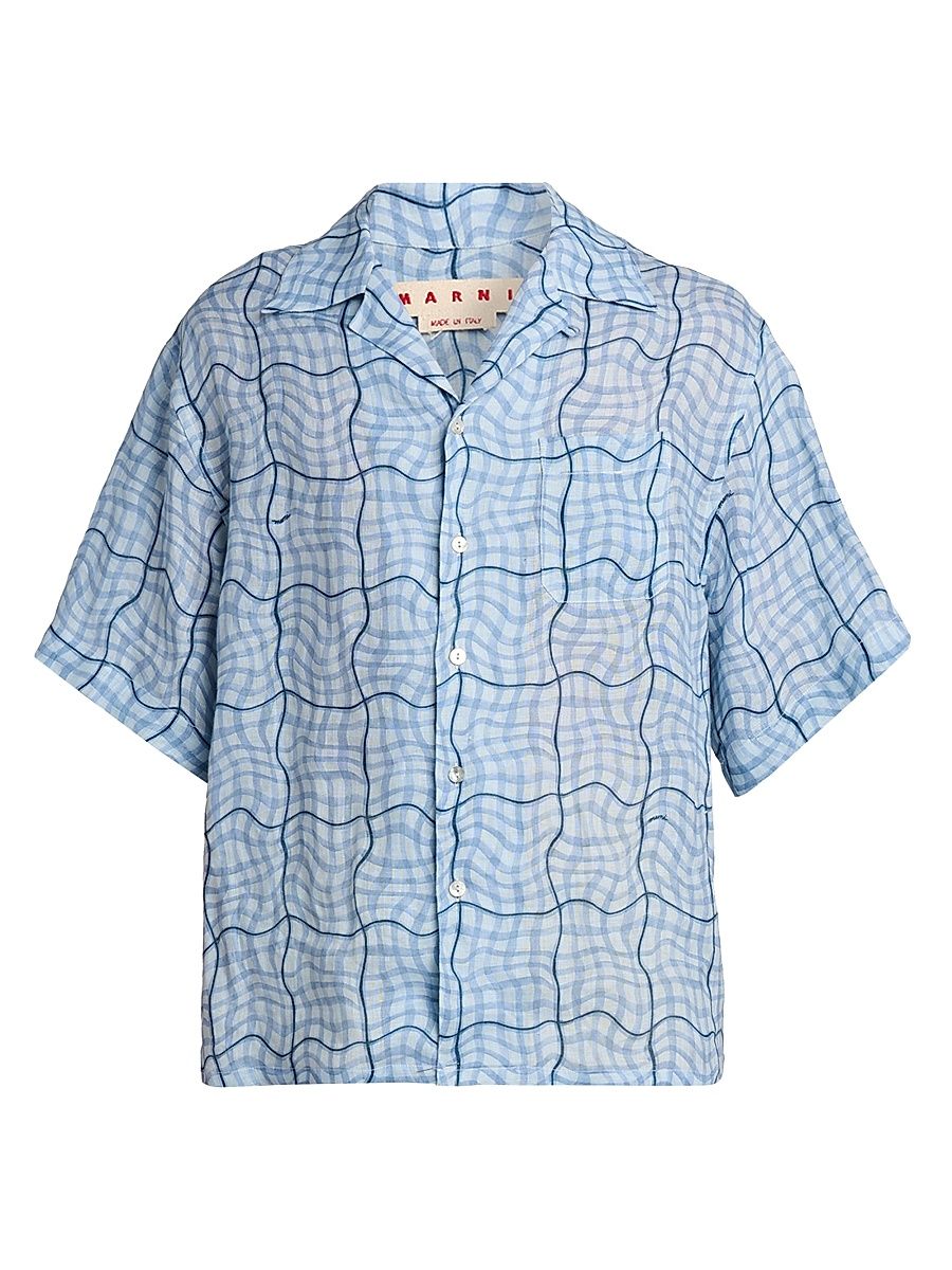 Men's Wavy Check Linen Button-Front Shirt - Light Blue - Size 44