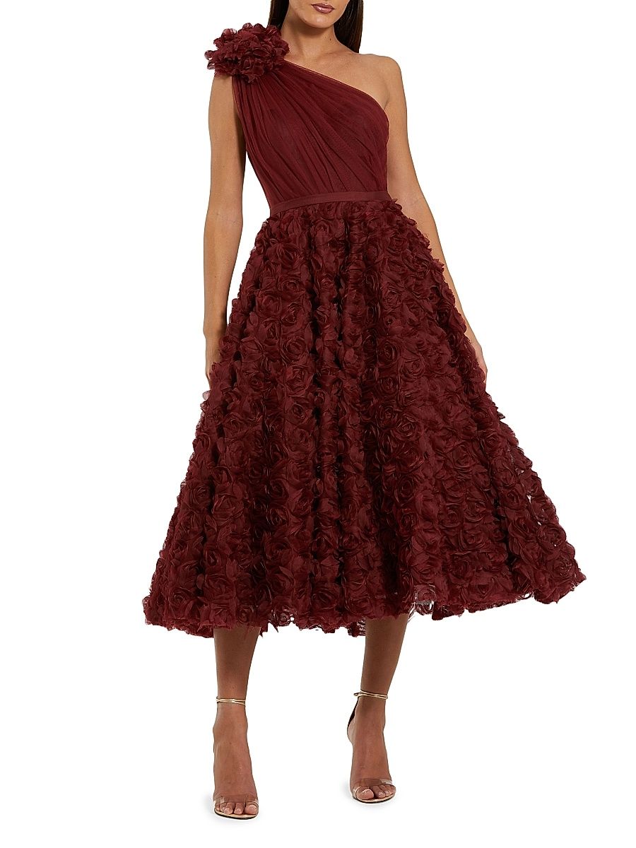 Women's One-Shoulder 3D Flower Tea-Length Dress - Wine - Size 16