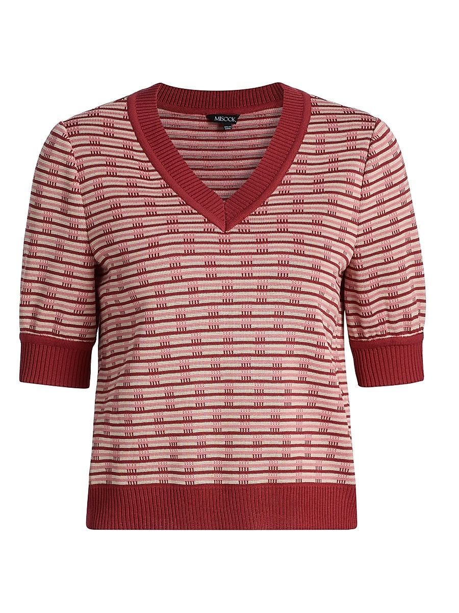 Women's Striped Knit Short-Sleeve V-Neck Top - Honeysuckle Russet Biscotti - Size Small