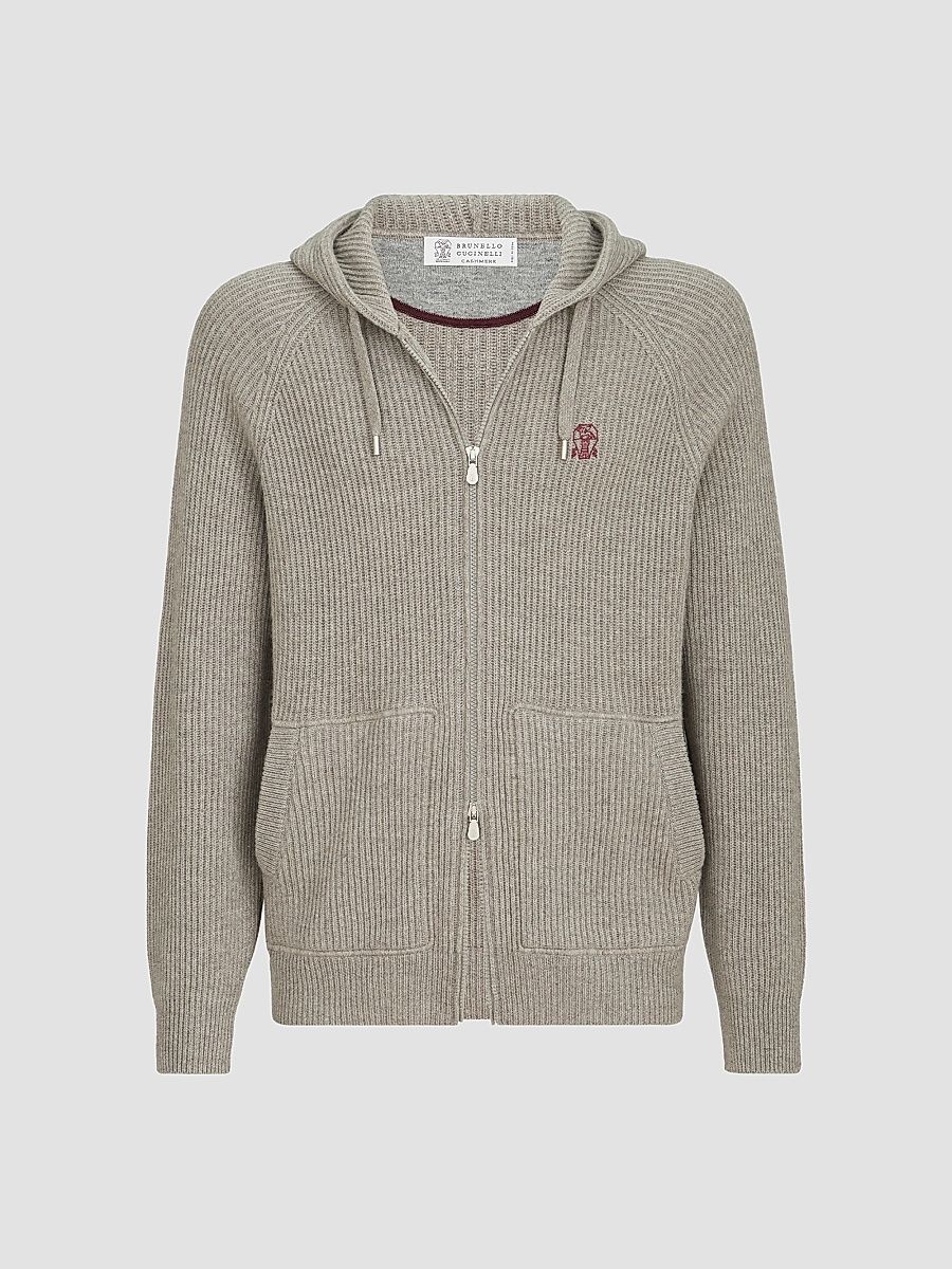 Men's Cashmere English Rib Hooded Knit Sweatshirt - Stone Grey - Size Medium