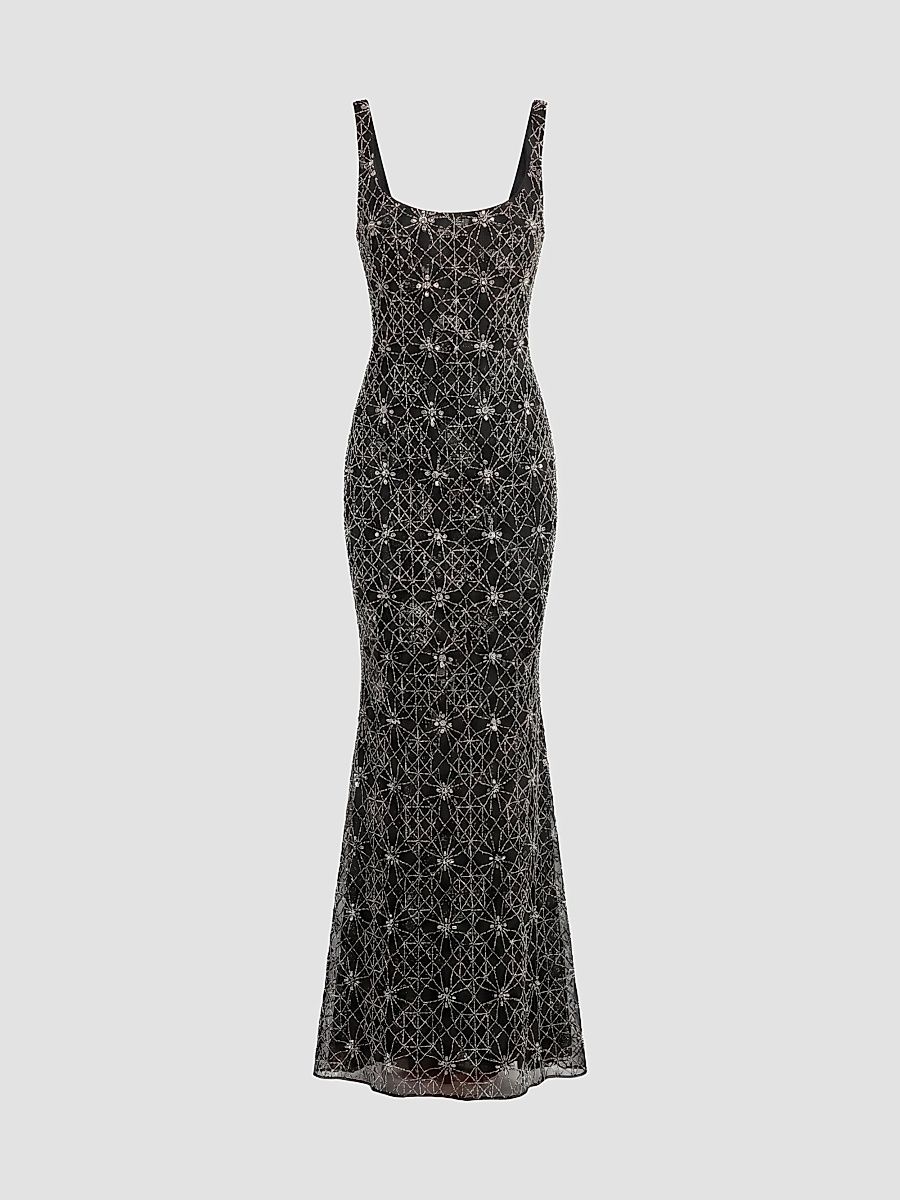 Mac Duggal Women's Embellished Mesh Sleeveless Gown - Black Silver - Size 14