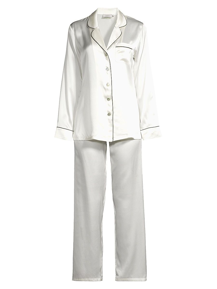 Women's Fine Finishes Silk 2-Piece Pajama Set - Creme Black Piping - Size XXXL