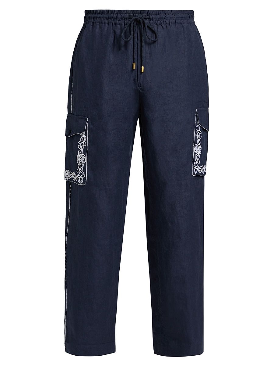 Men's Embroidered Linen Drawstring Cargo Pants - A Tiled Wonderland - Size Medium