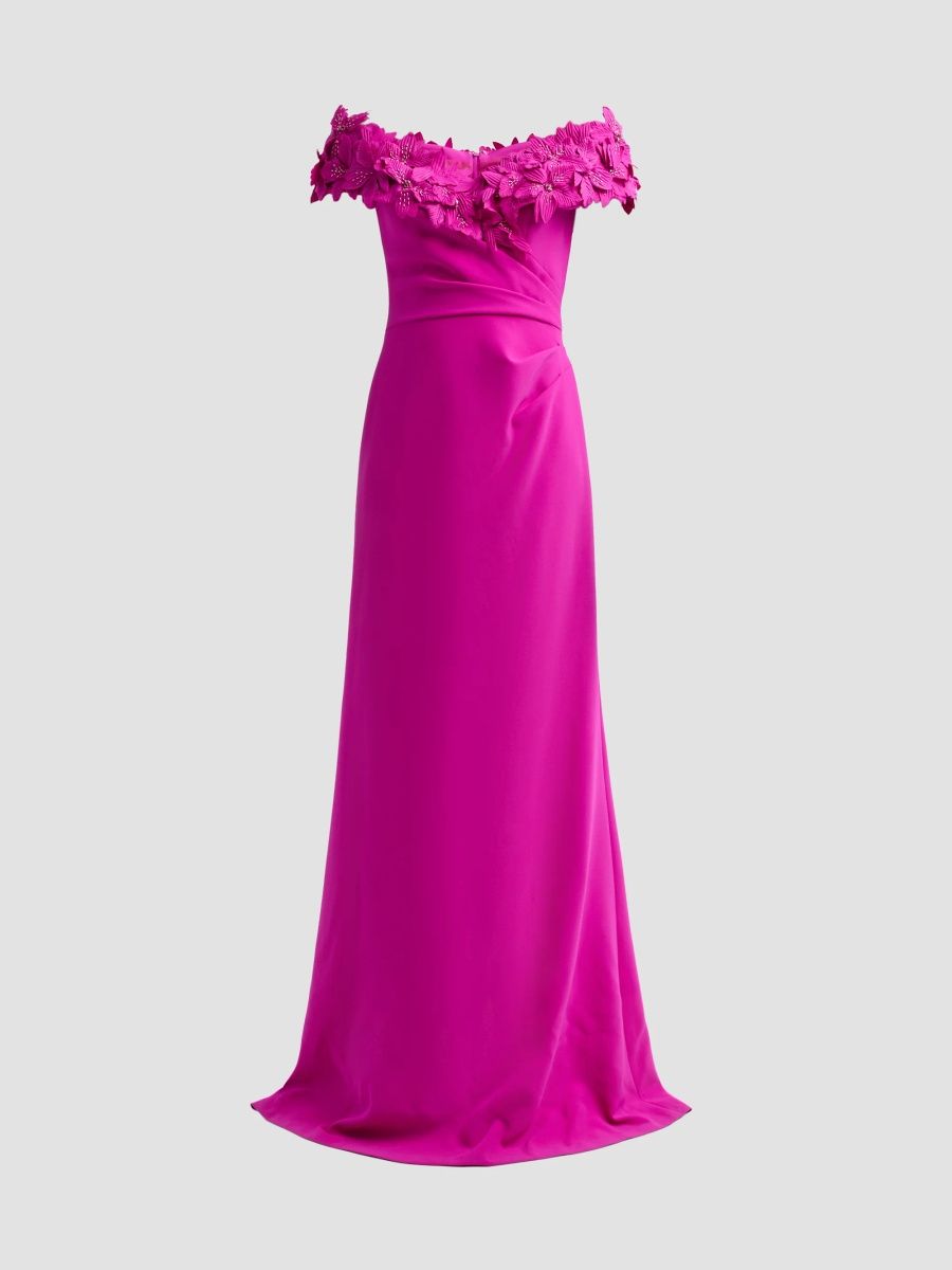 Teri Jon by Rickie Freeman Women's Crepe Off-The-Shoulder Gown - Magenta - Size 14