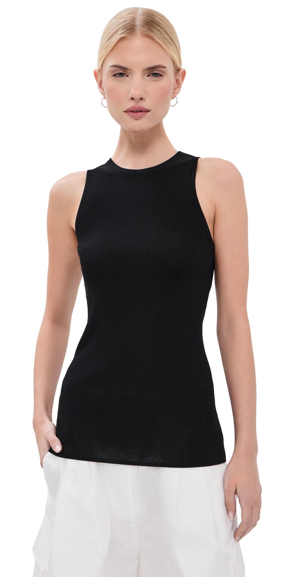 Tibi Feather Weight Ribbed Cut Out Tank Black XL
