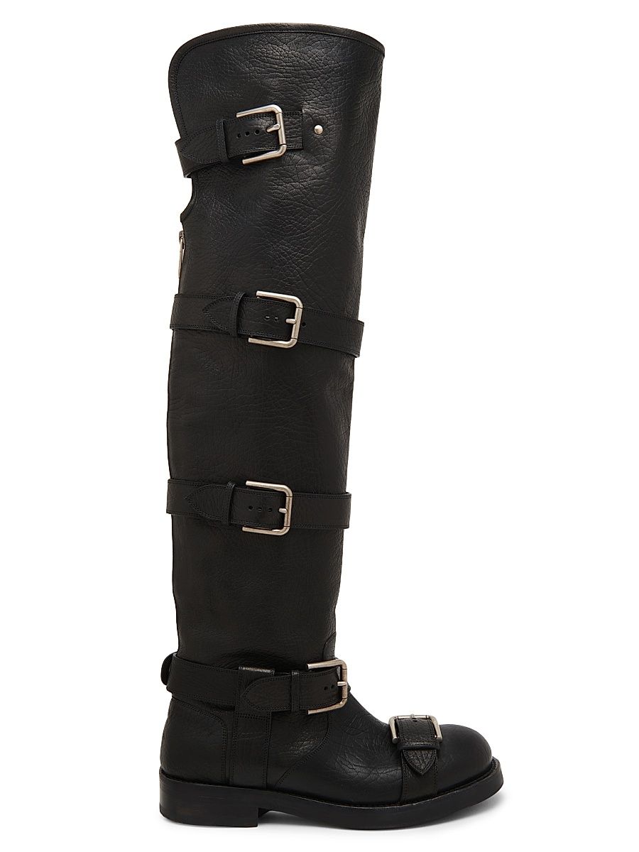 Women's Buckle-Detail Leather Over-The-Knee Moto Boots - Nero - Size 11