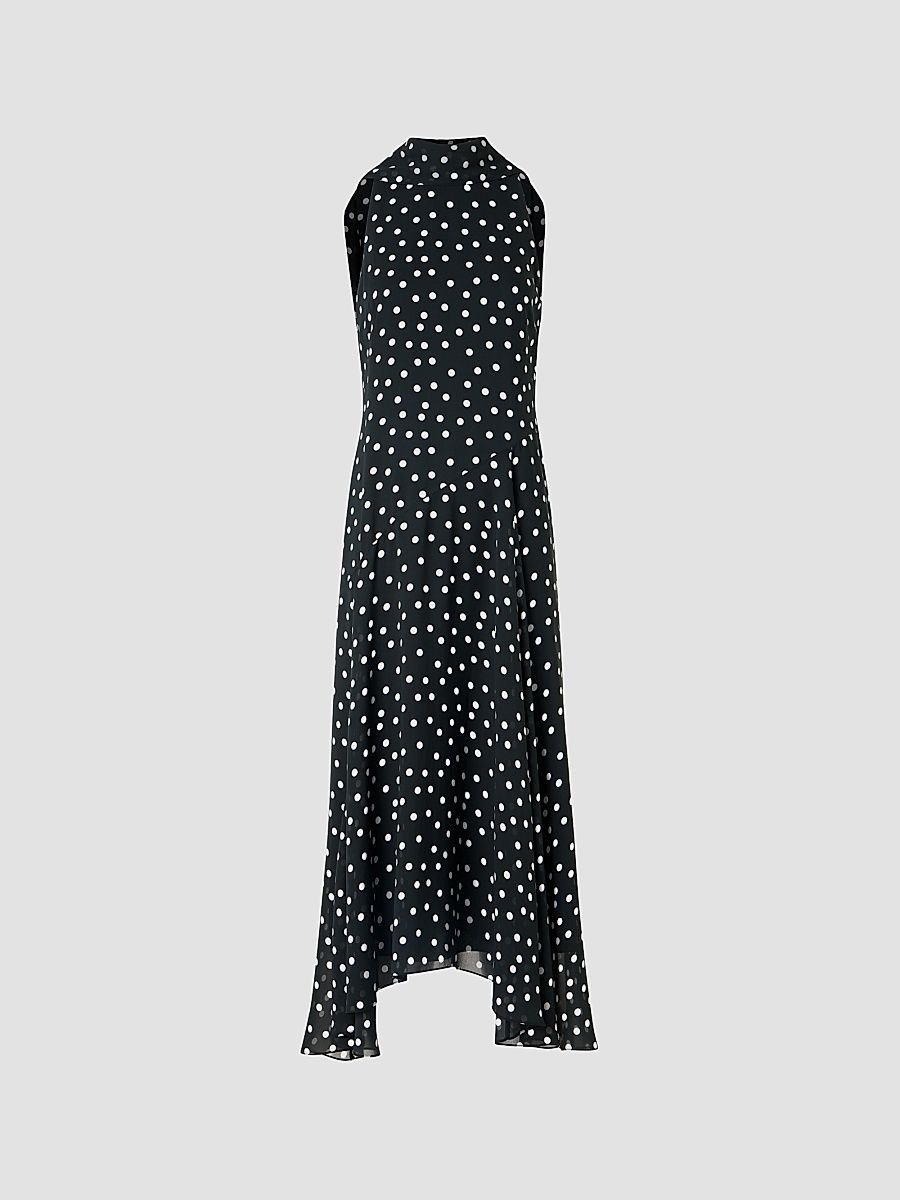 Women's Polka Dot Georgette Midi Dress - Black Cream - Size 16