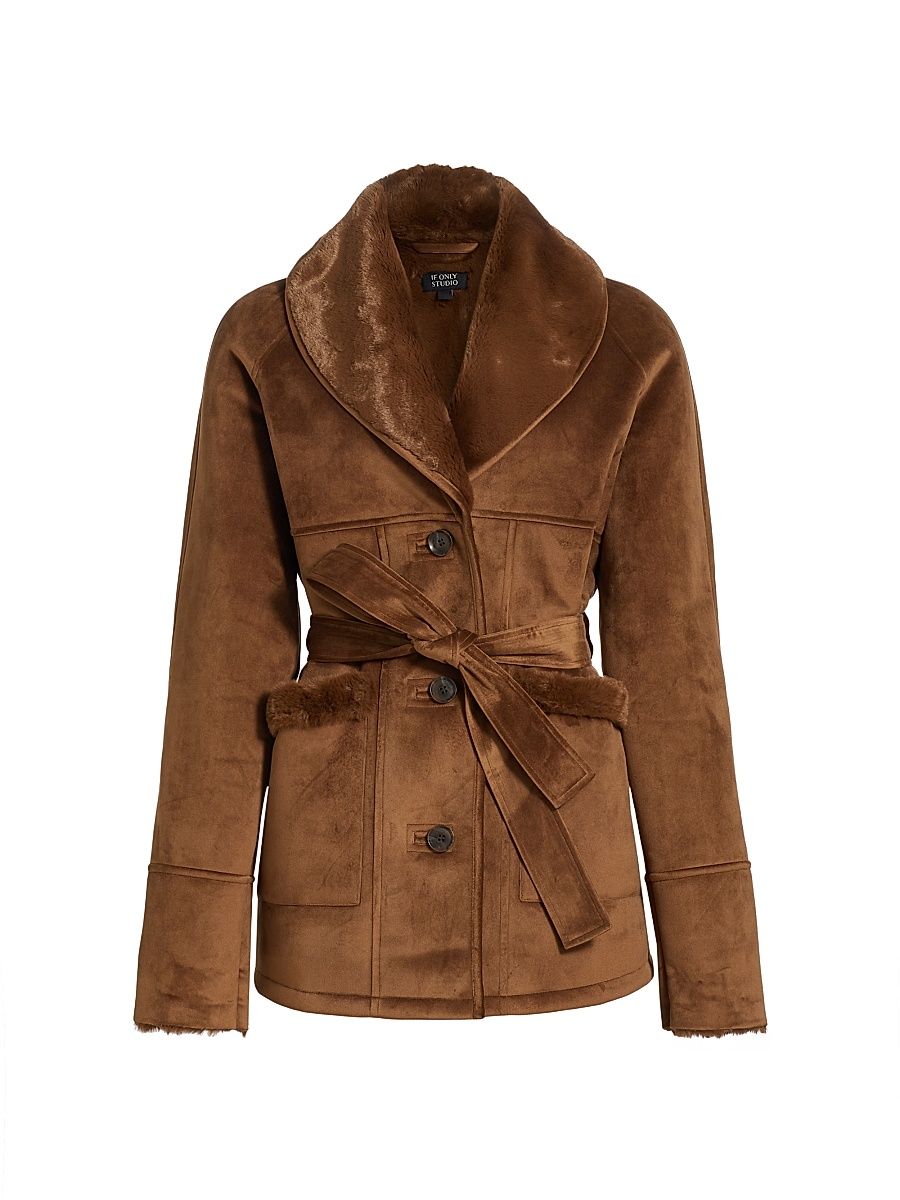 Women's Belted Faux-Shearling Coat - Cognac - Size XL