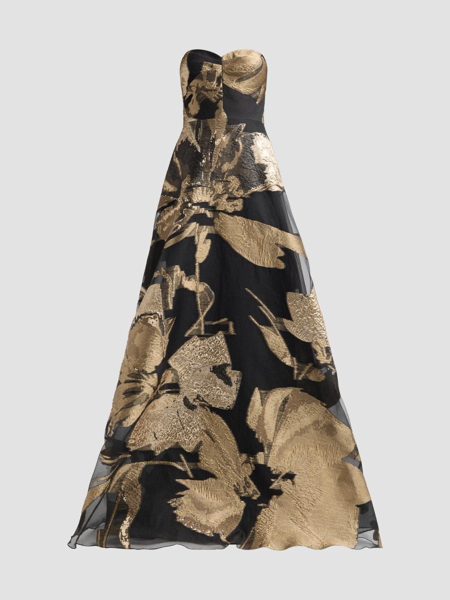 Teri Jon by Rickie Freeman Women's Floral Organza Jacquard Strapless Gown - Black Gold - Size 2
