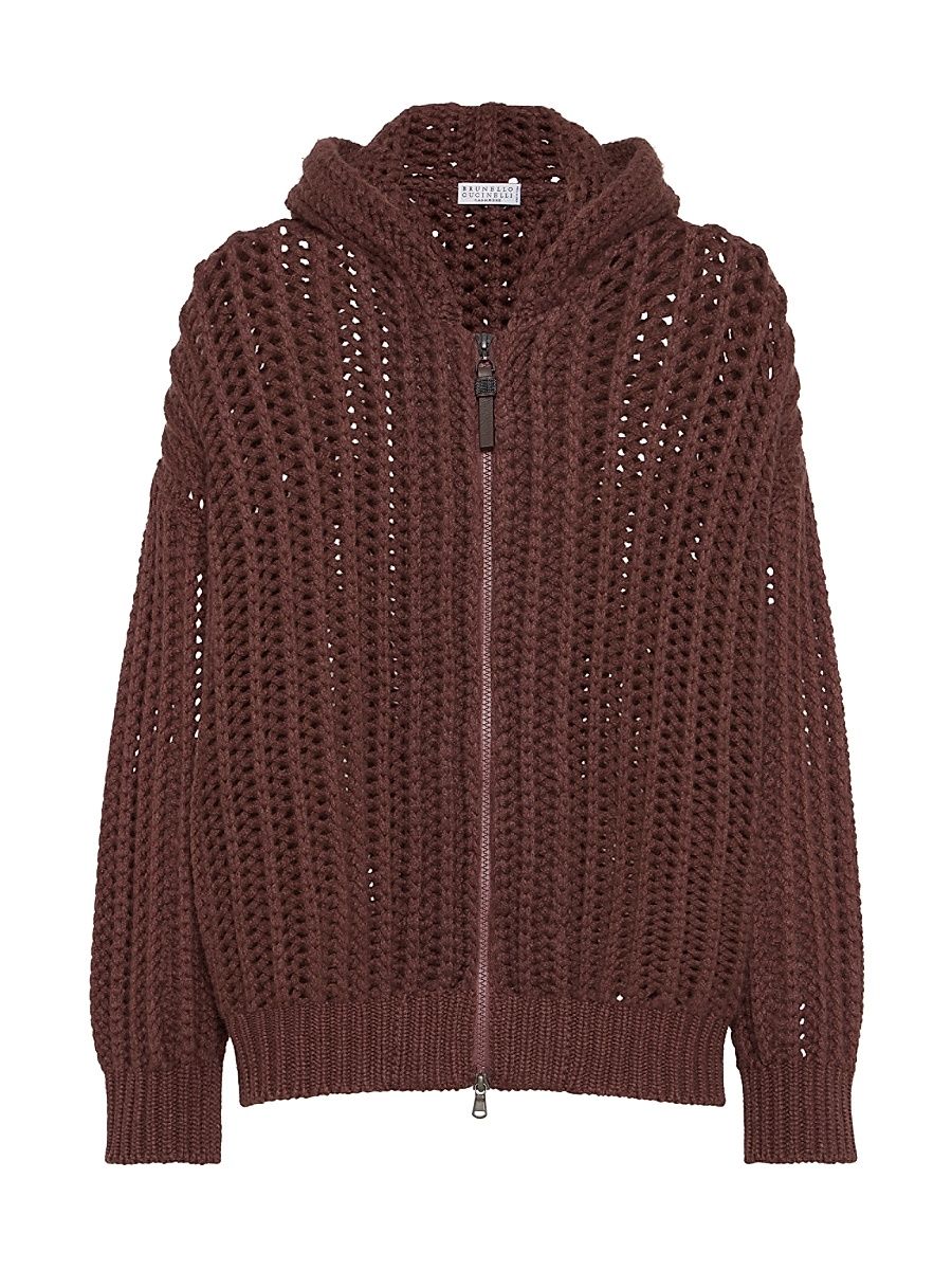 Women's Openwork Rib Hooded Cardigan in Cashmere Feather Yarn - Brown - Size XXL