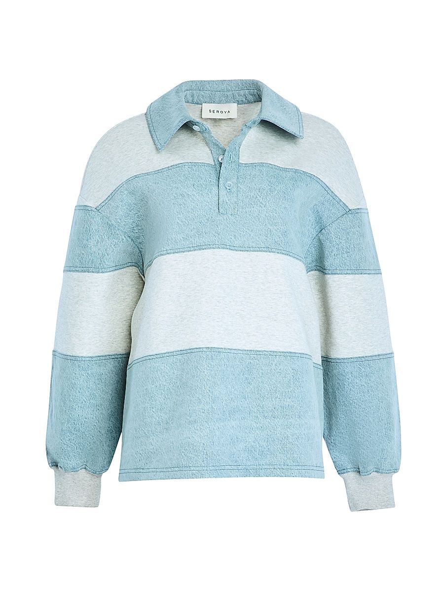 Women's Cher Striped Mixed-Media Polo Sweatshirt - Light Grey Coastline - Size XL