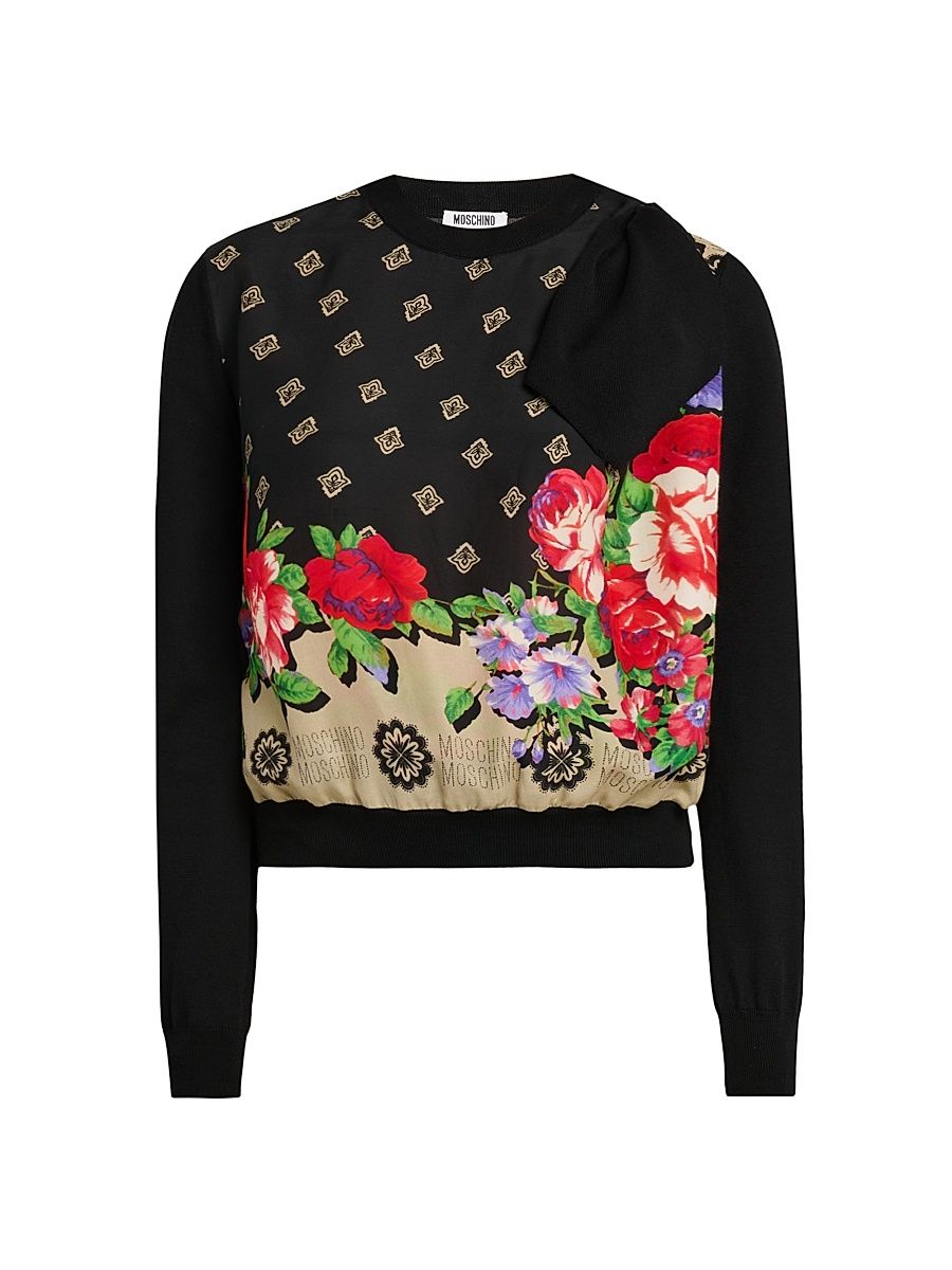Women's Floral Cotton Crewneck Sweater - Black - Size 2
