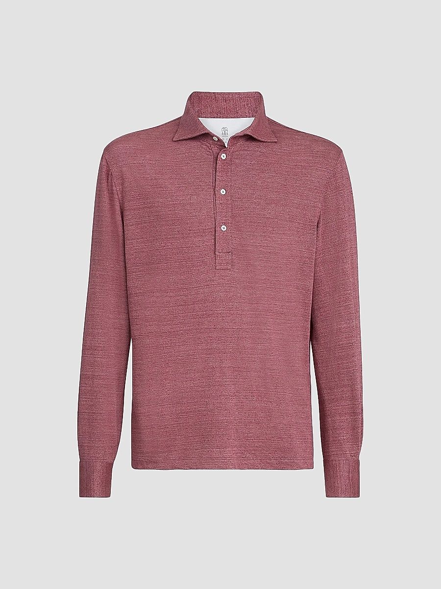 Brunello Cucinelli Men's Linen and Cotton Mélange Jersey Long Sleeve Polo Shirt - Coral - Size XXL