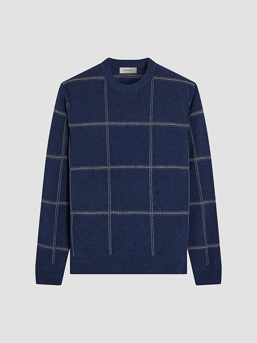 Men's Plaid Wool-Cotton Crewneck Sweater - Ink - Size XL