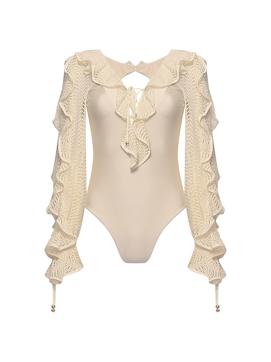 Women's Jade Plunge Long-Sleeve One-Piece Swimsuit - Off White - Size Small