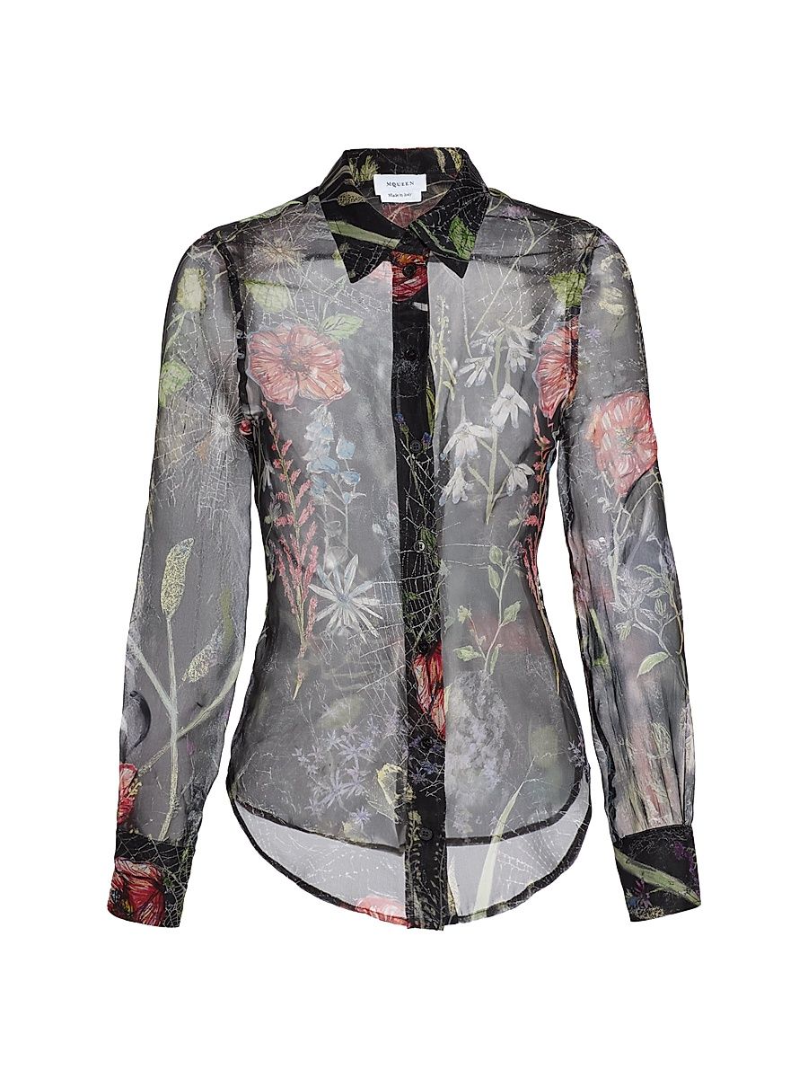 Women's Floral Web Silk Shirt - Black - Size 10