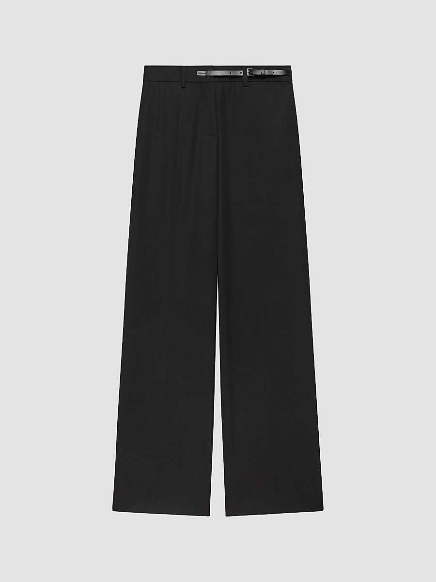 Women's Belted Wool Gabardine Trousers - Black - Size 12