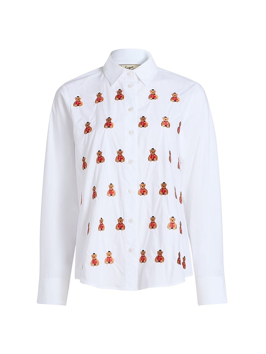 Women's Bowery Bear Embroidered Poplin Shirt - White - Size Large