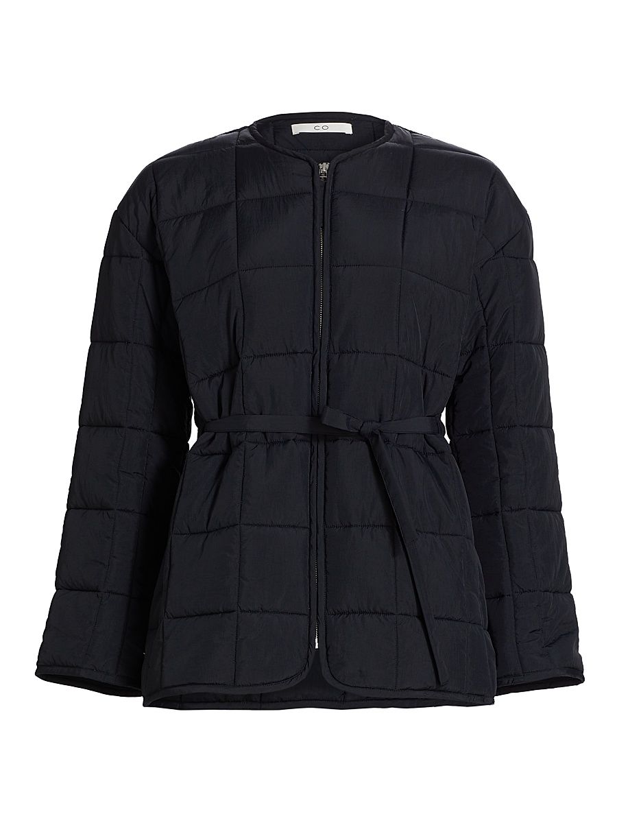 Women's Belted Quilted Jacket - Black - Size Medium