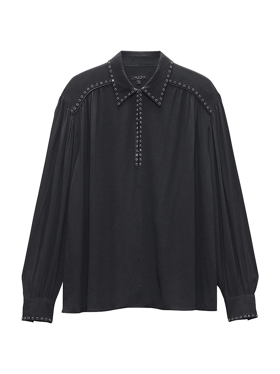 Women's Emmy Eyelet Long-Sleeve Blouse - Black - Size Small