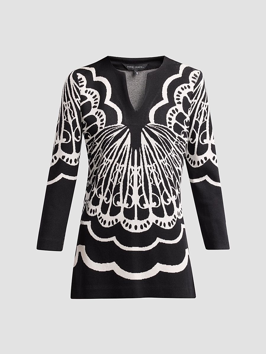 Ming Wang Women's Aria Abstract Jacquard Tunic - Black - Size XL