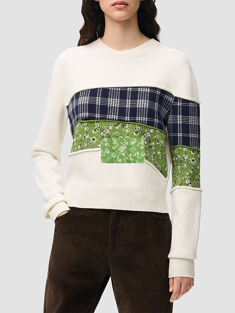 LOEWE Women's Patchwork Wool Knit Crewneck Sweater - White Multicolor - Size Medium