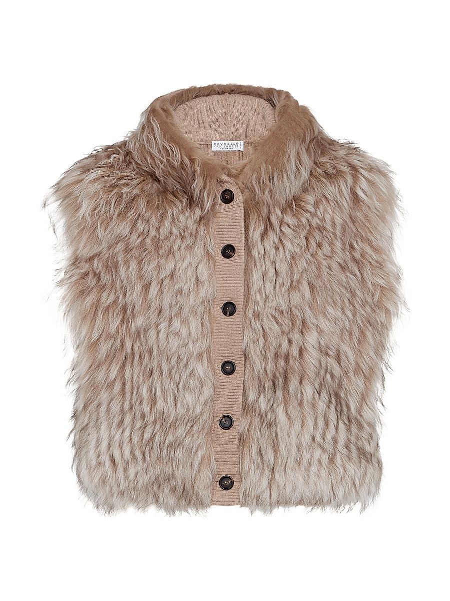 Women's Cozy Shearling Hooded Vest in Cashmere - Light Brown - Size XXS