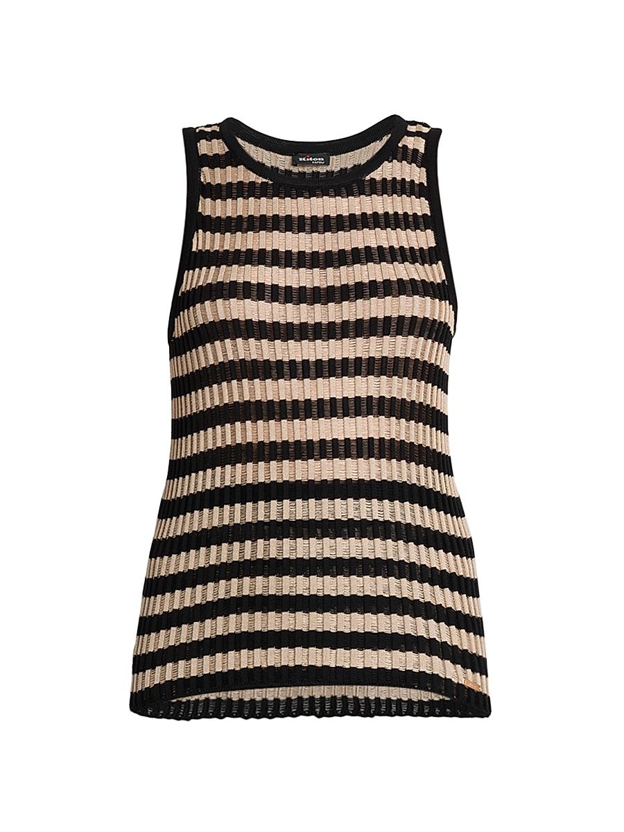 Women's Sleeveless Striped Silk Sweater - Sand Black - Size 12