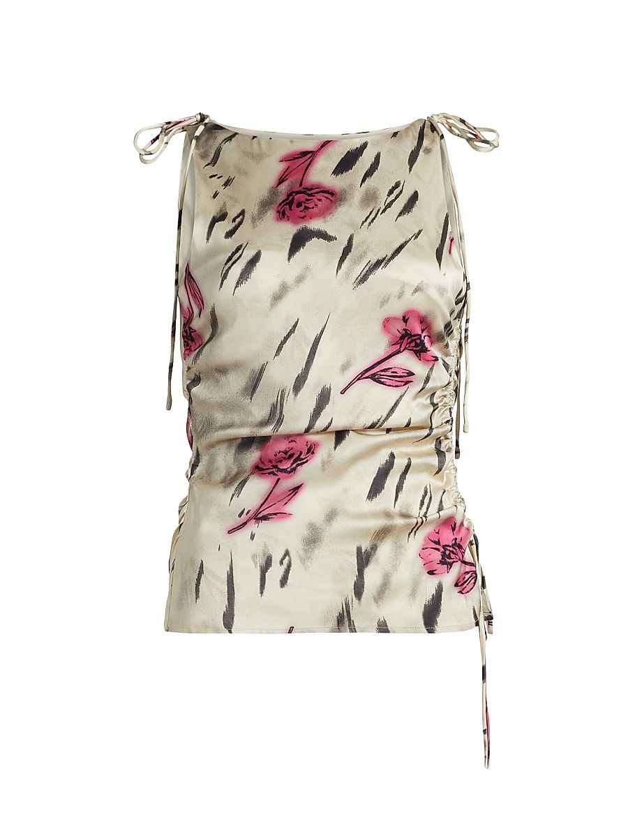 Women's Printed Floral Satin Ruched Top - Egret - Size 14