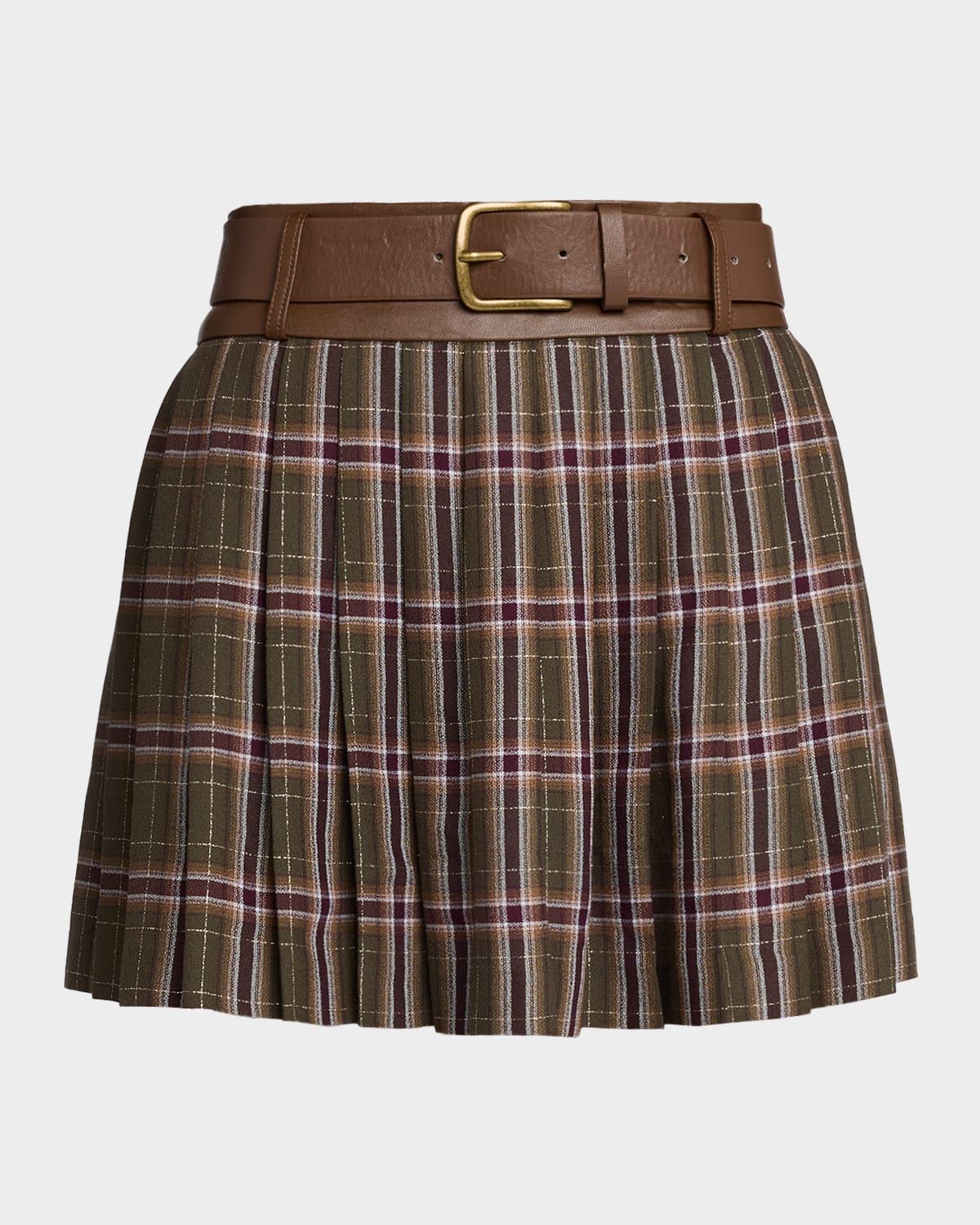 Derrick Pleated Plaid Belted Mini Skirt
