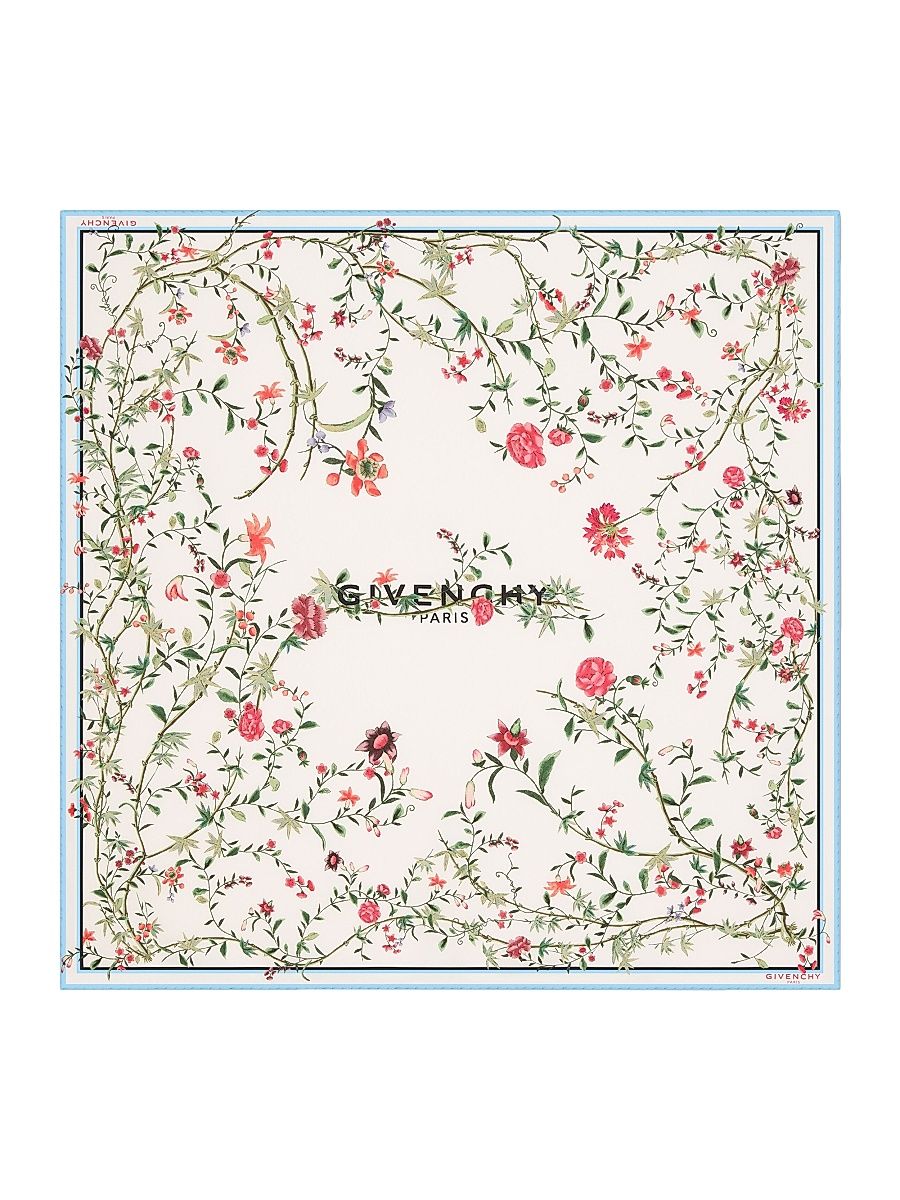 Women's Square Scarf in Silk with Floral Print - Baby Blue White