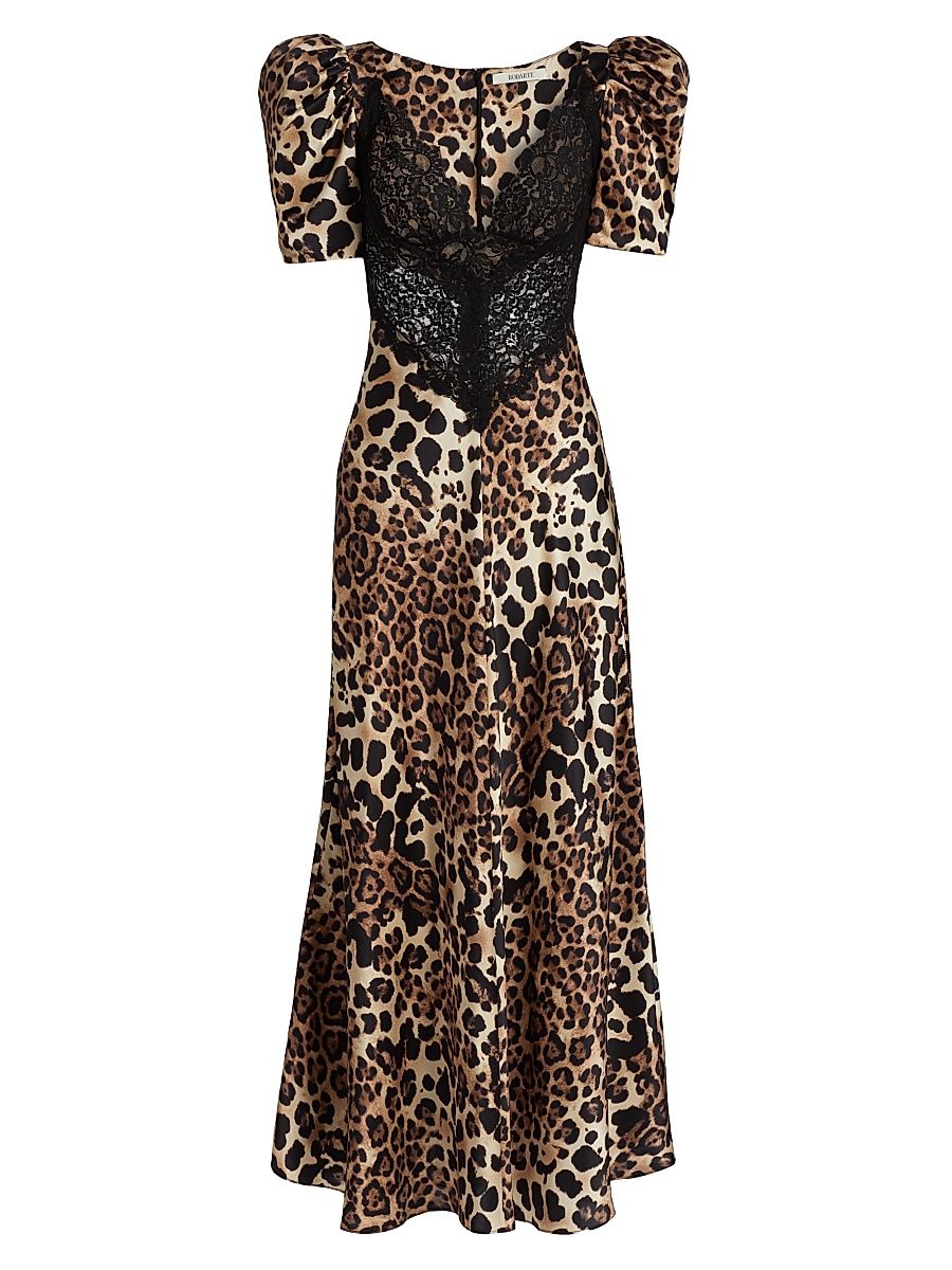 Women's Leopard Print Silk Lace-Trim Maxi Dress - Brown - Size 10