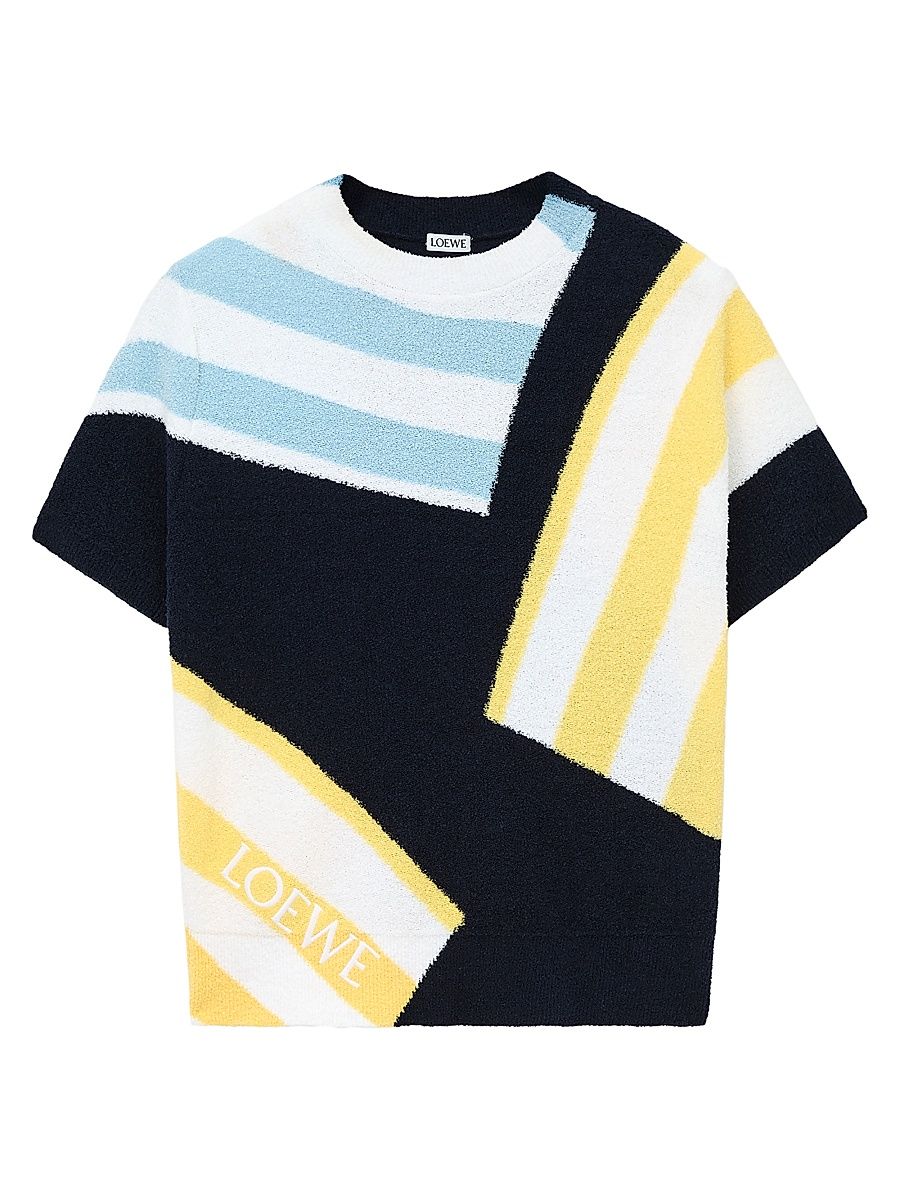 Women's Colorblock Striped Short-Sleeve Sweater - Blue Multi - Size Large