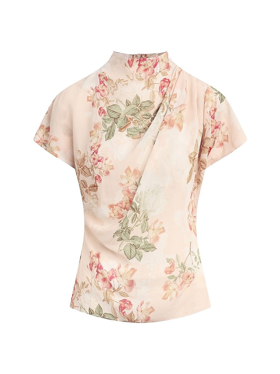 Women's The Graceful Floral Draped Short-Sleeve Top - Light Peach Roseg - Size Large