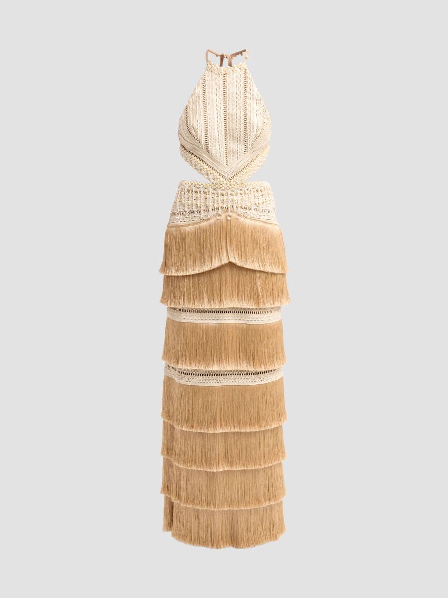 PatBO Women's Crochet Petal-Fringe Halterneck Maxi Dress - Beige - Size 8