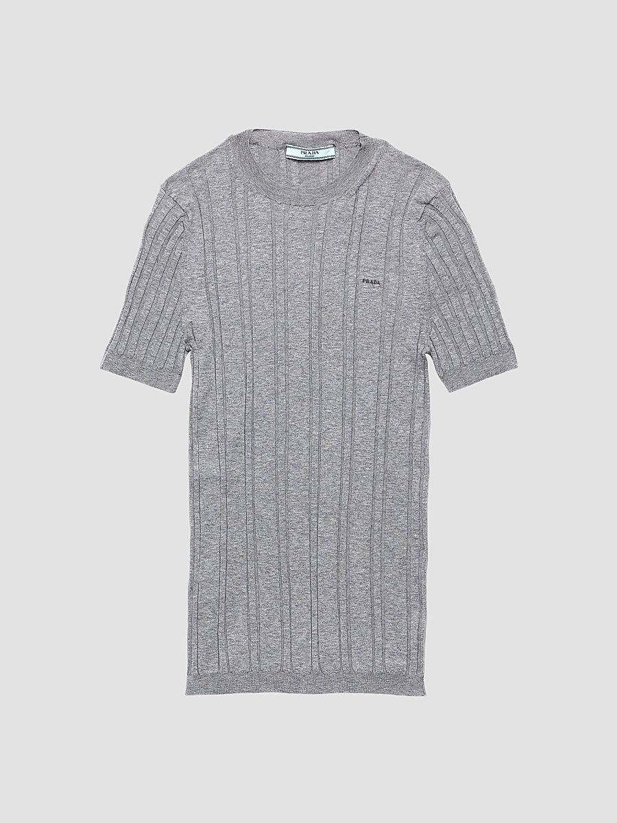 Women's Short-Sleeved Ribbed Knit Cotton Sweater - Grey - Size 2