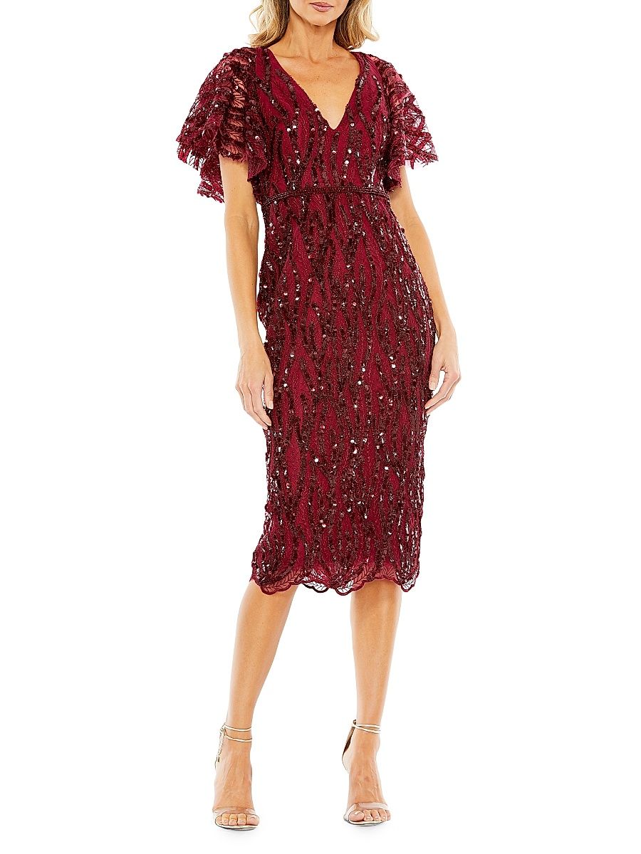 Women's Sequin Butterfly-Sleeve Midi-Dress - Burgundy - Size 6