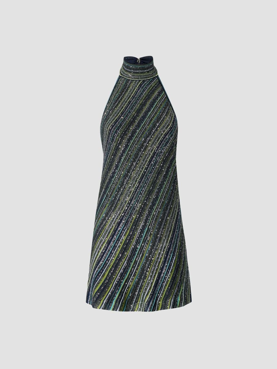 Missoni Women's Sequined Stripe Halter Mini Dress - Green Tones - Size 0