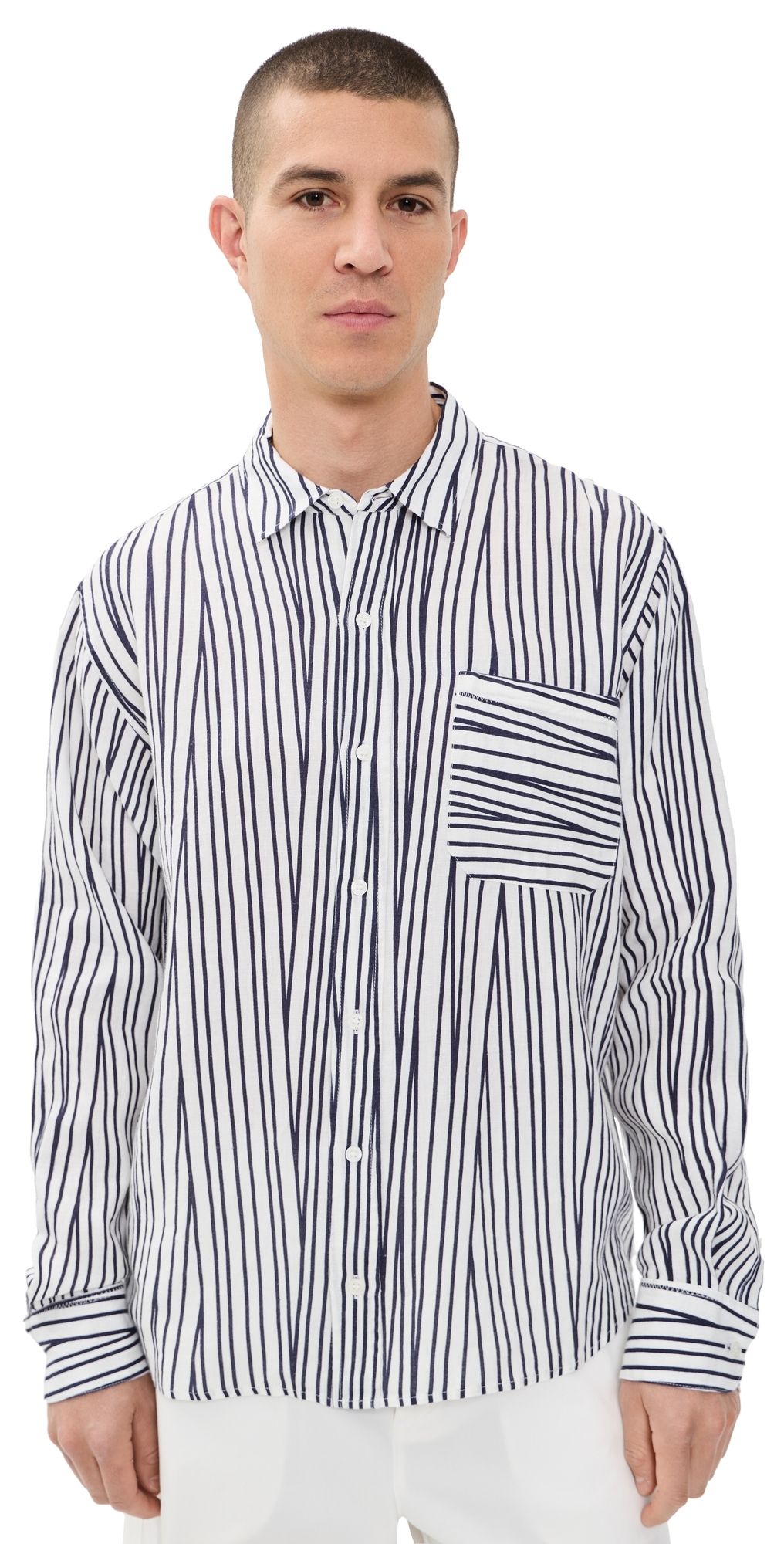 Orlebar Brown Grasmoor Linen Crossover Stripe Shirt WHITE SAND/NIGHT IRIS L