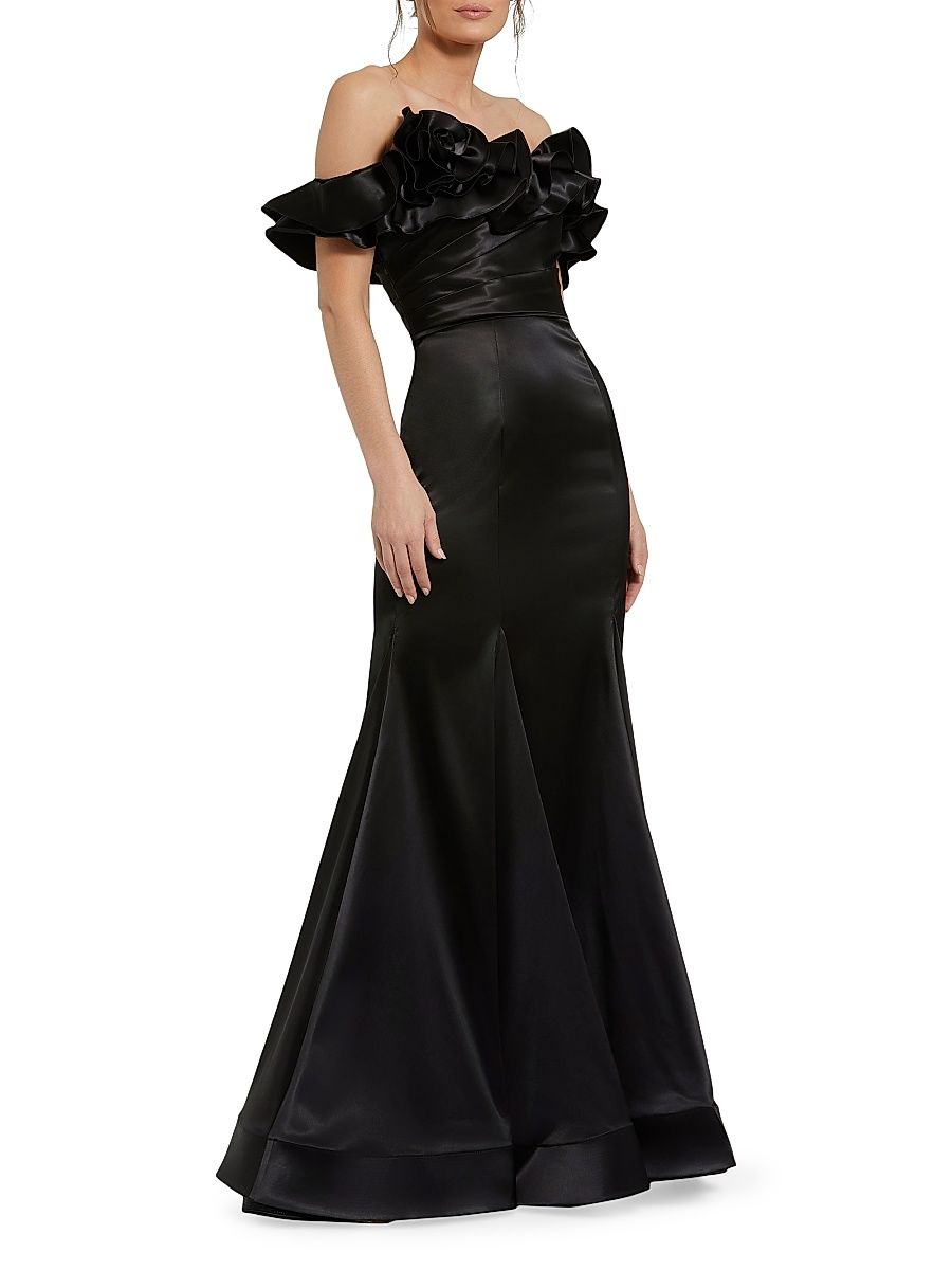 Women's Satin Ruffled Off-The-Shoulder Mermaid Gown - Black - Size 16