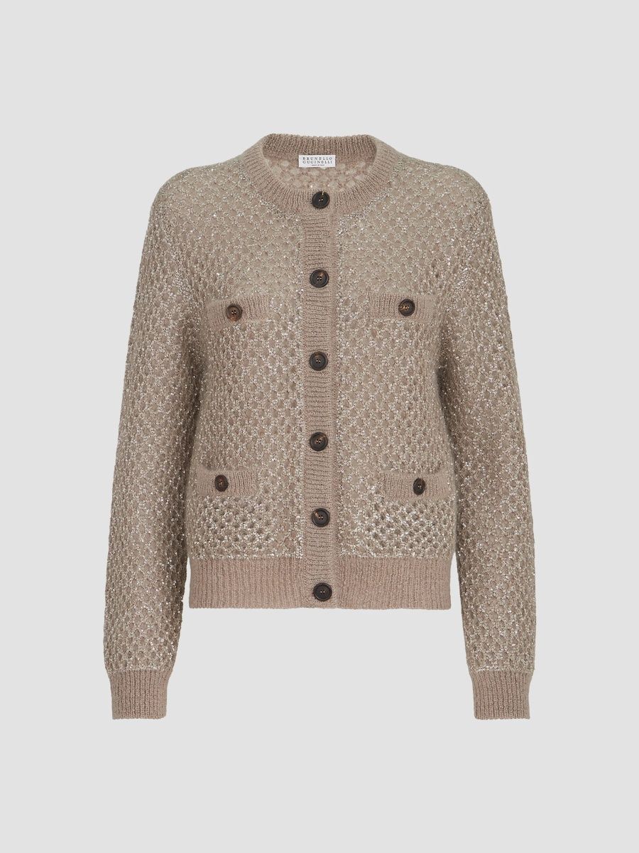 Brunello Cucinelli Women's Dazzling Net Cardigan in Mohair - Light Brown - Size XL