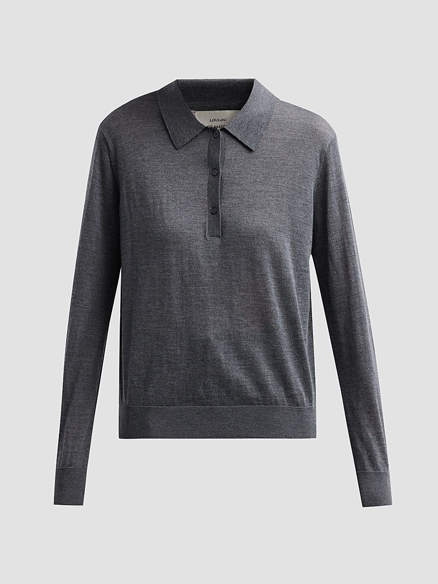 Women's Miles Cashmere Long-Sleeve Polo Top - Anthracite Melange - Size XL