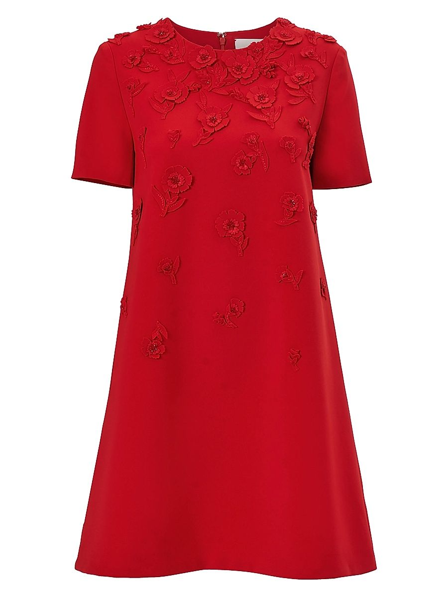 Women's Rose-Embroidered Shift Minidress - Herrera Red - Size 16