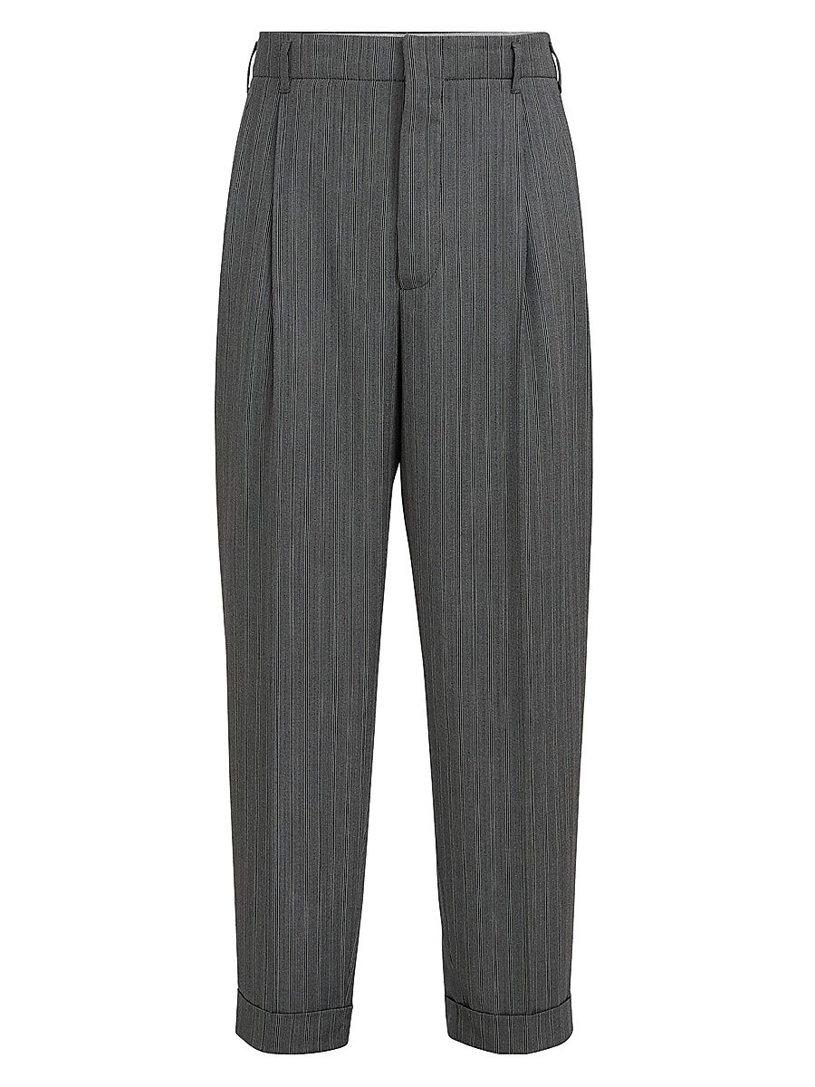 Men's Striped Pattern Virgin Wool Fresco Trousers with Double Pleats - Dark Grey - Size 34