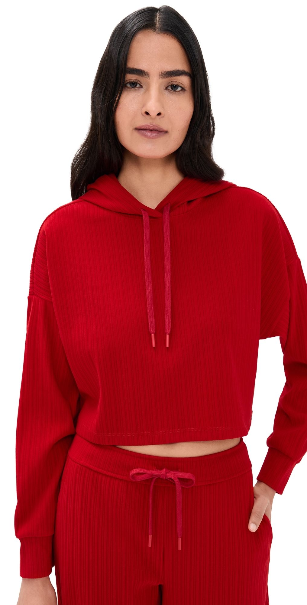 Beyond Yoga Breathe Easy Ribbed Cropped Hoodie Holly Red XL