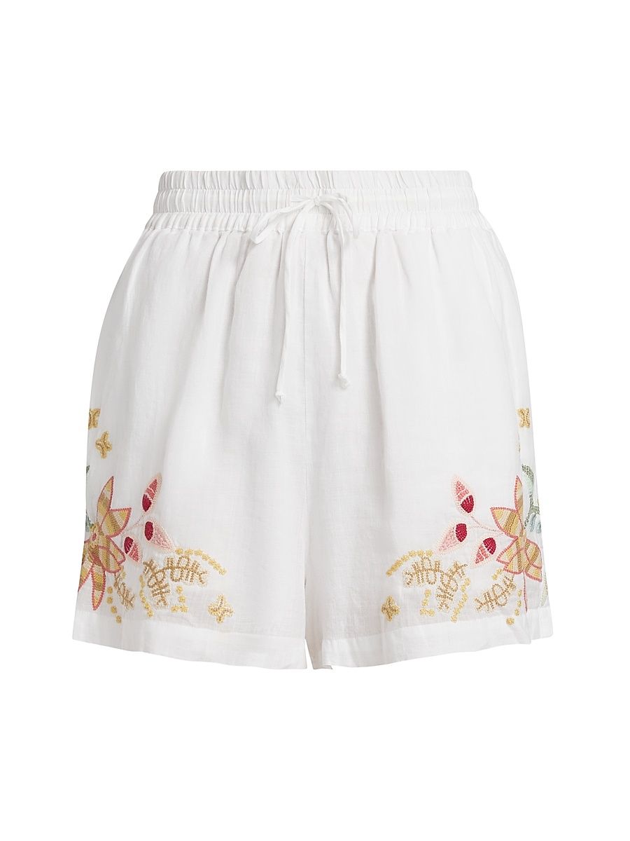 Women's Embroidered Drawstring Shorts - White - Size Medium